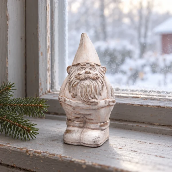 Liten tomte i betong med spetsig luva och långt skägg på en fönsterbräda intill en grankvist.