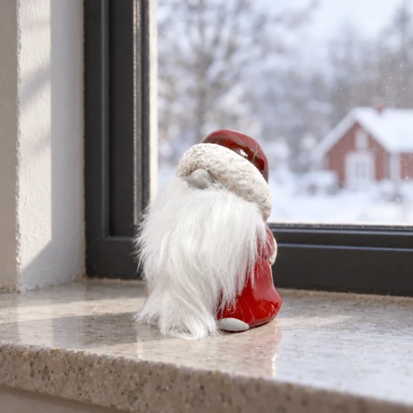 Liten röd tomte med långt vitt skägg stående på en ljus fönsterbräda