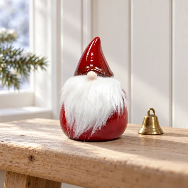 Röd tomte med långt vitt textilskägg stående på en ljus träbänk bredvid en liten mässingsklocka