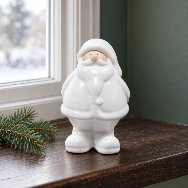 Vit keramiktomte på fönsterbräda Vit tomte i keramik på en fönsterbräda i trä med en liten grankvist bredvid