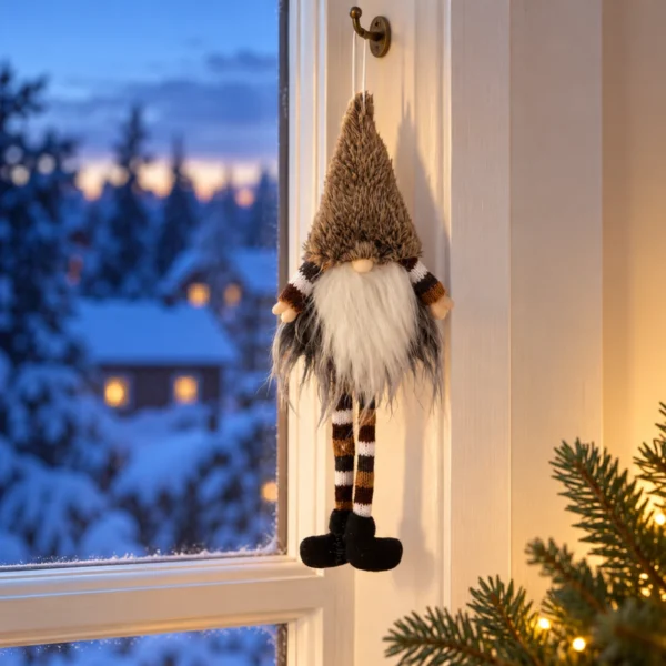 Tomtenisse i textil med hög mössa och randiga ben hänger i sitt snöre från en krok vid ett fönster i vinterkvällsljus.