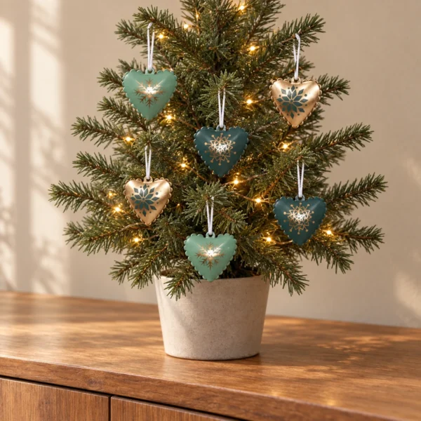 Sex små hjärtan i grönt och guld hänger i en liten julgran med varmvit ljusslinga.