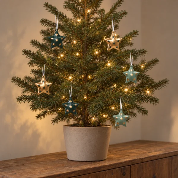 Sex små metallstjärnor i tre olika utföranden hänger i en liten julgran med varmvit ljusslinga.