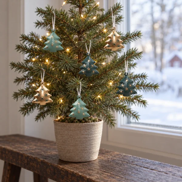 Sex små julgransdekorationer i blått och guld hänger i en liten julgran vid ett fönster.