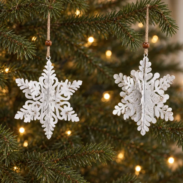 Två tredimensionella snöflingor i metall hänger på olika höjd i en julgran med varma ljuspunkter.