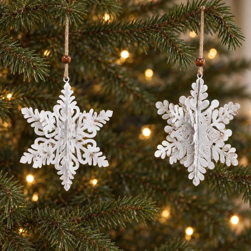 Två tredimensionella snöflingor i metall hänger på olika höjd i en julgran med varma ljuspunkter.