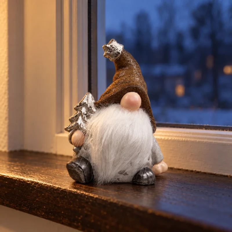 Tomte med gran på en mörk fönsterbräda Tomte med brun luva, vitt skägg och silverfärgad gran på en mörk fönsterbräda i skymningsljus