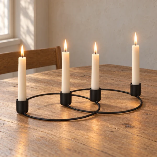 Låg svart ljusstake med fyra tända kronljus och överlappande ringar på ett ekbord.