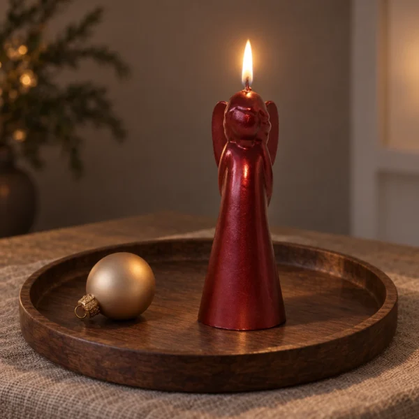 Tänt antikrött ängelljus på en rund mörk träbricka bredvid en liten champagnefärgad julkula.