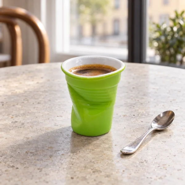 Grön kopp i porslin med kaffe på ett ljust stenbord och en liten kaffesked bredvid