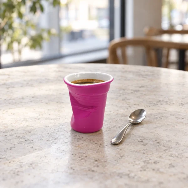 Rosa espressokopp i porslin med espresso på ett ljust stenbord och en kaffesked till höger
