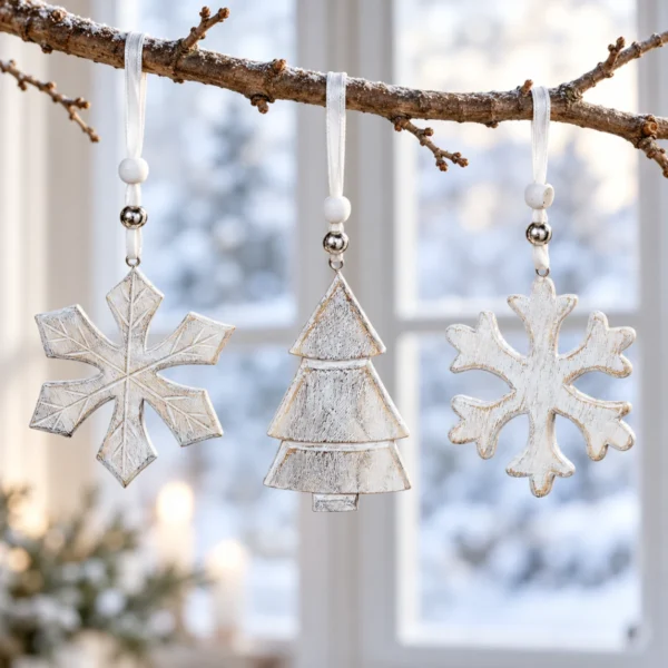 Två olika vita snöflingor och en gran i trä hänger från en gren framför ett fönster i vinterljus.