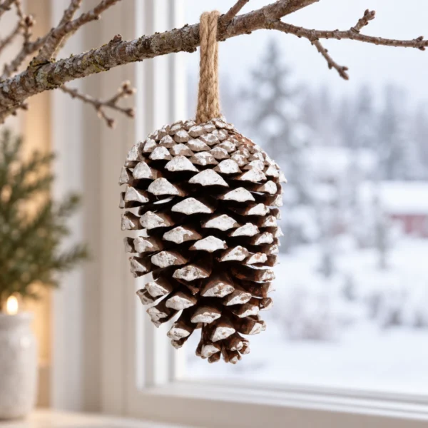 Naturlig kotte med snöeffekt hängande från en gren framför ett vinterfönster.