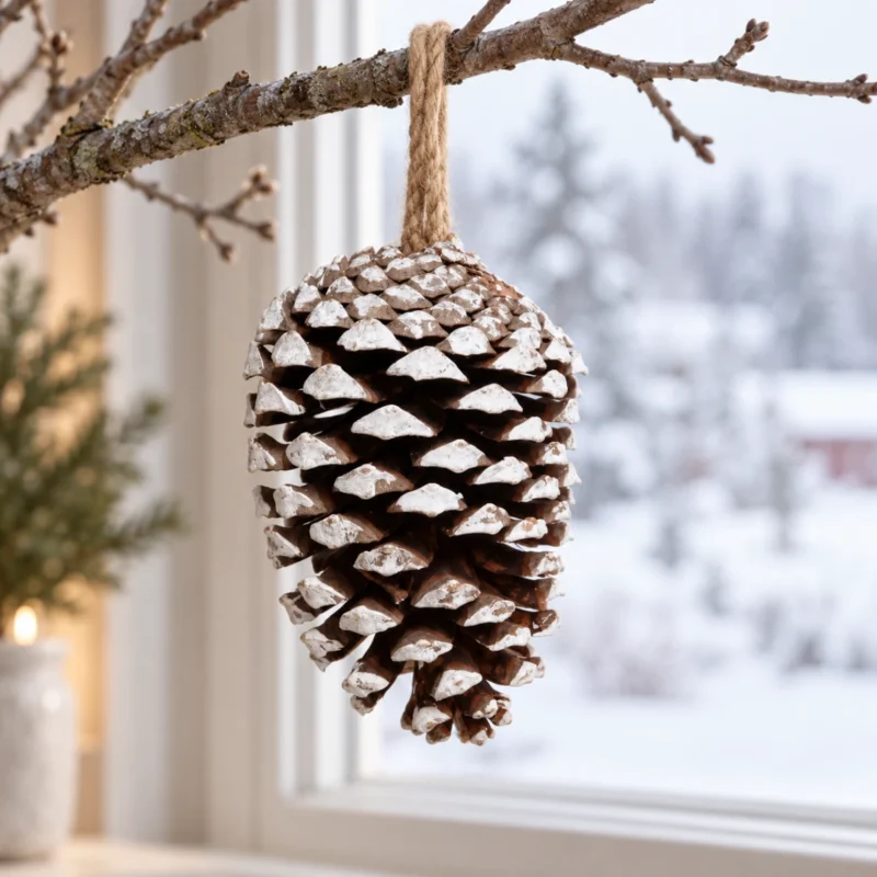 Naturlig kotte med snöeffekt hängande från en gren framför ett vinterfönster.