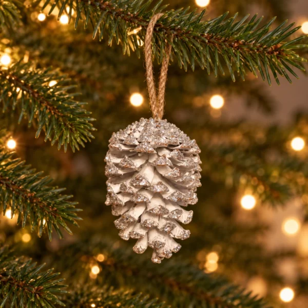 Ljus kotte med silverglitter hänger i en ögla från en grangren med varm julbelysning.