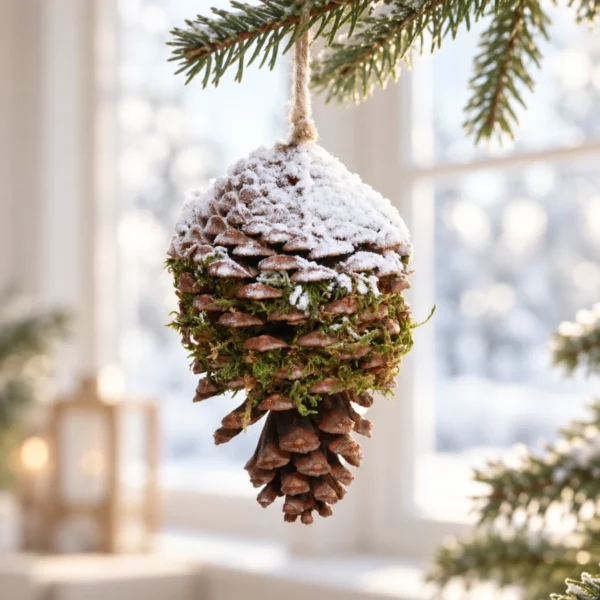 Kotte med grön mossa och vit snöeffekt hänger från en grangren framför ett ljust fönster.