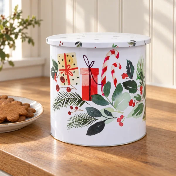 Rund plåtburk Julris med lock på en träbänk framför gräddvit pärlspont, med ett fat pepparkakor bredvid.