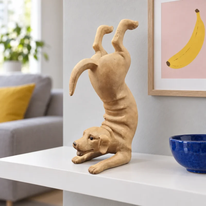 Beige yogahund på en vit hylla med en inramad bananbild och en koboltblå keramikskål.