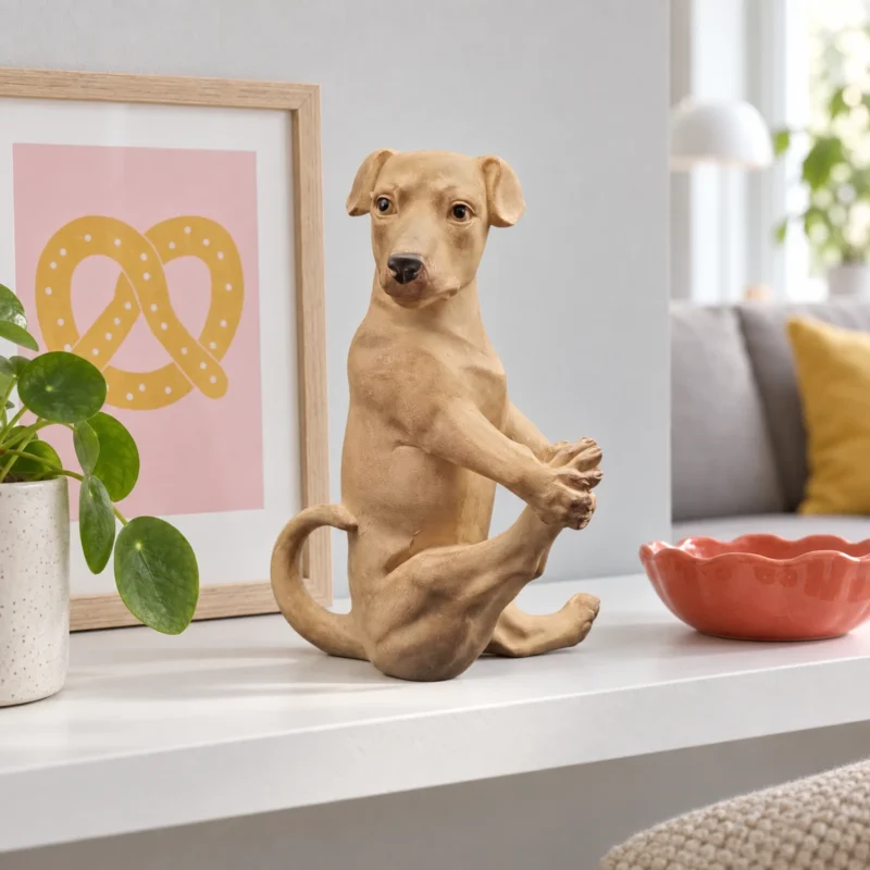 Beige stretchande hundfigur på en vit hylla med en inramad kringelbild och en korallröd keramikskål.