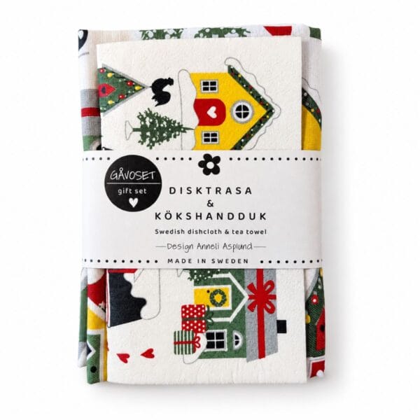 Fint set med kökshandduk och matchande disktrasa i färdig presentförpackning. Anneko Design Sweden, designat och tillverkat i Sverige.