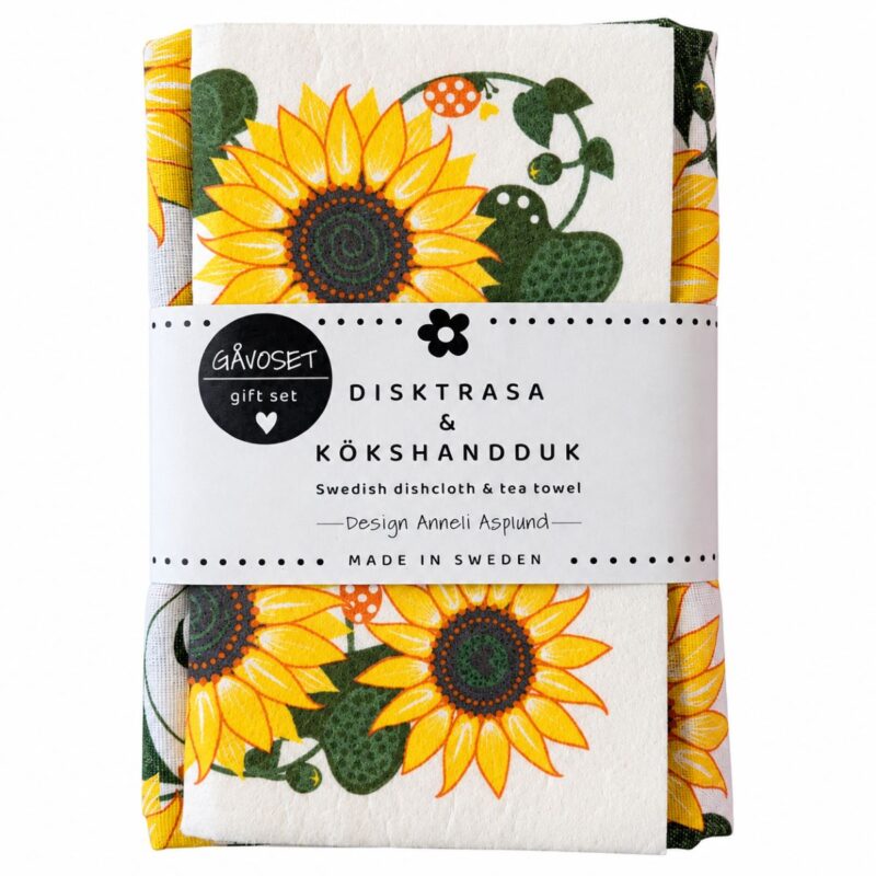 GS2609 Fint set med kökshandduk och matchande disktrasa i färdig presentförpackning. Anneko Design Sweden, designat och tillverkat i Sverige.