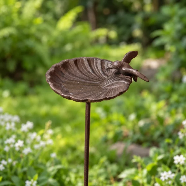 Mörkbrunt fågelbad i gjutjärn med fågeldekor och vatten i fatet bland grönska och vita blommor.