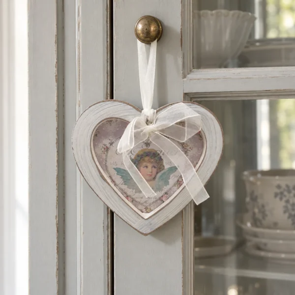 Hjärta i vitmålat trä med änglamotiv mot lila bakgrund och vit rosett hänger från en mässingsknopp på ett gråmålat vitrinskåp.