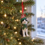 Svartvit julkatt med glittrande tomteluva och randig halsduk hänger i ett rött band i julgranen.