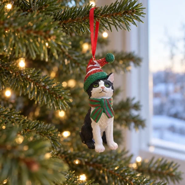 Svartvit julkatt med glittrande tomteluva och randig halsduk hänger i ett rött band i julgranen.