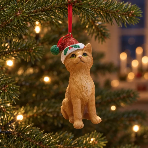 Gul julkatt med glittrande röd tomteluva hänger i ett rött band från en grangren med varma ljuspunkter i bakgrunden.