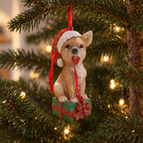 Hund med tomteluva på ett grönt paket med rött glitterband hänger i en julgran med varmvita ljuspunkter i bakgrunden.
