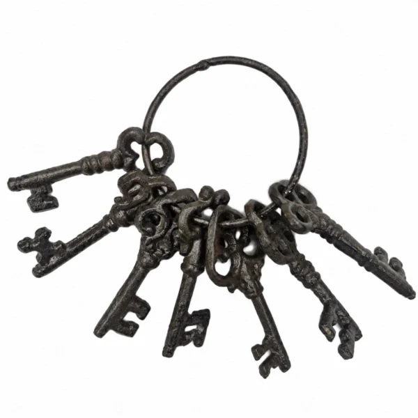 Dekorativ nyckelknippa med sju ornamenterade gjutjärnsnycklar och rund ring mot vit bakgrund