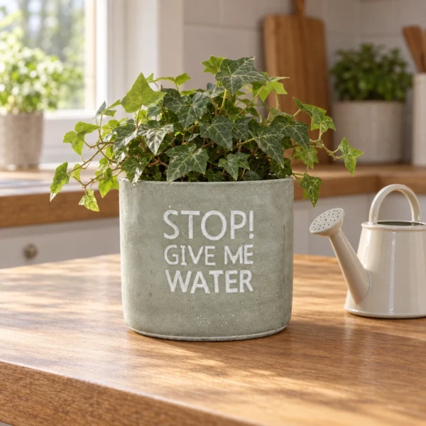 Grå betongkruka med vit text STOP! Give me water och murgröna på en träbänk med en liten vattenkanna bredvid.
