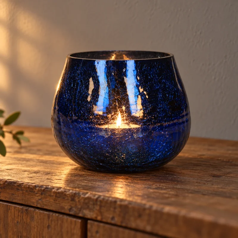 Blå ljuslykta på träskänk Ljuslykta i blått krackelerat glas på en sliten träskänk i varmt kvällsljus.