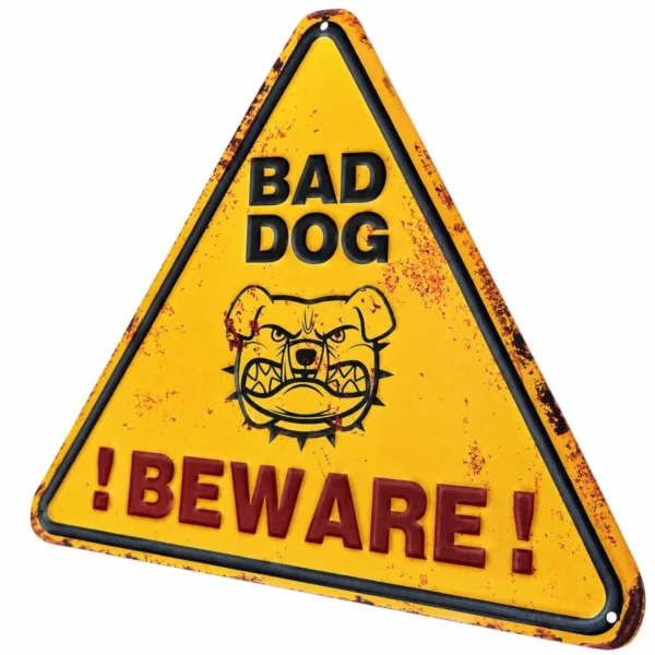 Trekantig gul plåtskylt med bulldogg och texten BAD DOG och BEWARE mot vit bakgrund.