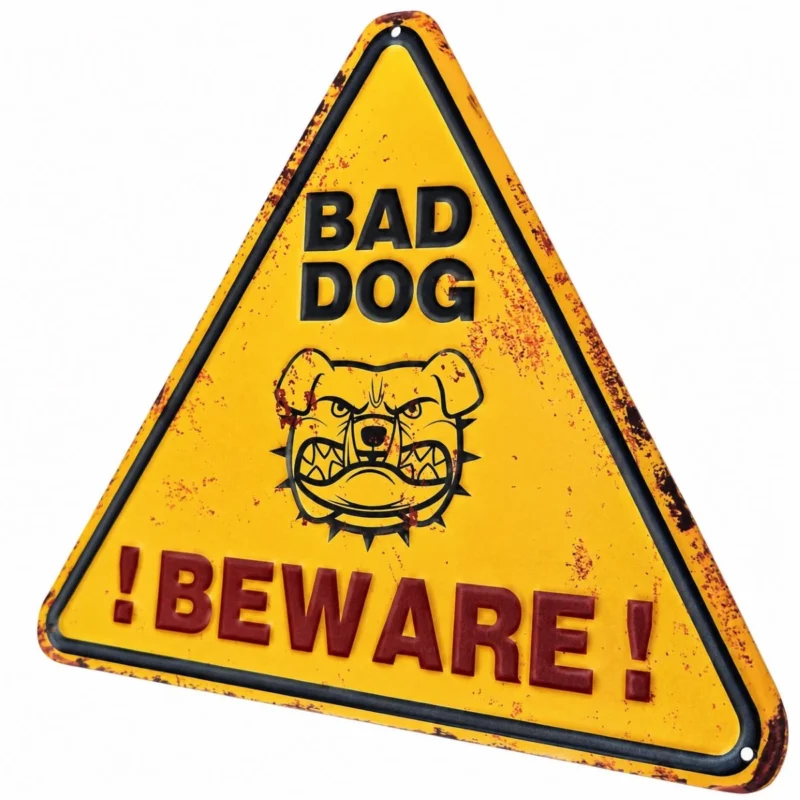 Trekantig gul plåtskylt med bulldogg och texten BAD DOG och BEWARE mot vit bakgrund.