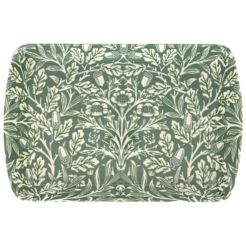 Rektangulär grön och gräddvit melaminbricka med William Morris-mönstret Acorn